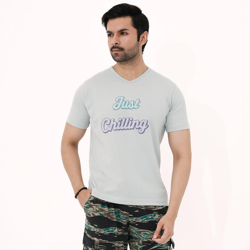 Men's BSG Chill Relaxation V-Neck Tee in light color with playful lettering for casual wear