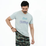 Men's BSG Chill Relaxation V-Neck Tee in light blue with 'Just Chilling' graphic design