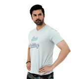 BSG Chill Relaxation V-Neck Tee in light blue featuring a stylish lettering design