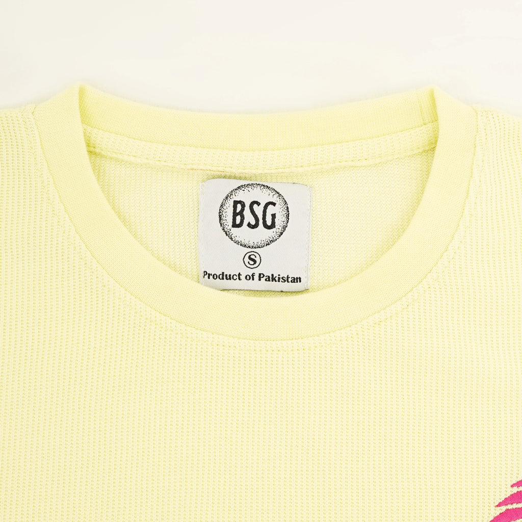 BSG Citrus Weave Breeze Tee Shirt in soft yellow fabric with tag detail
