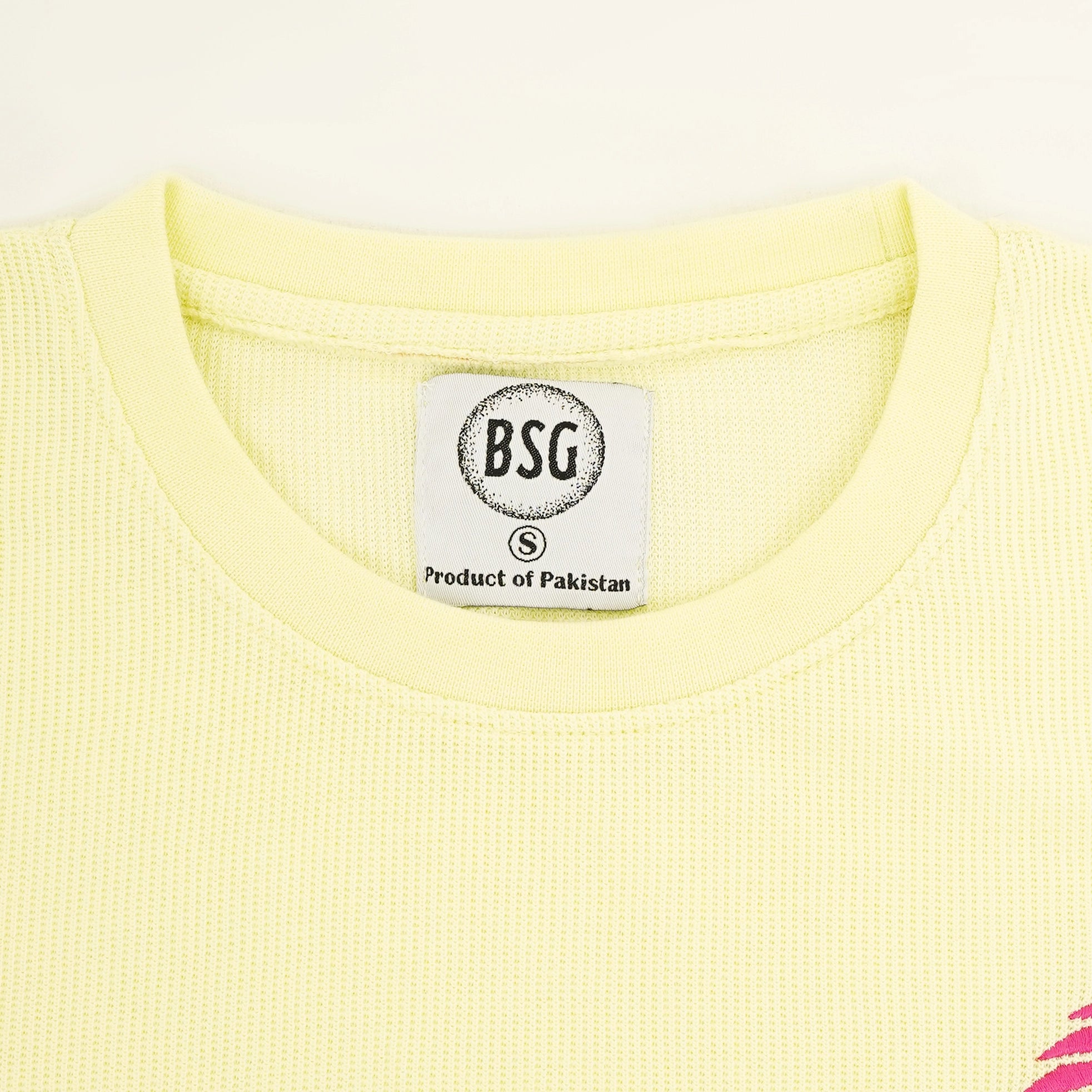 BSG Citrus Weave Breeze Tee Shirt in soft yellow fabric with tag detail