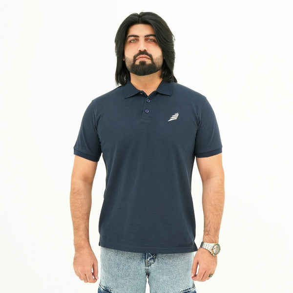 BSG Classic Elegant Navy Blue Polo men's shirt with short sleeves worn by a male model
