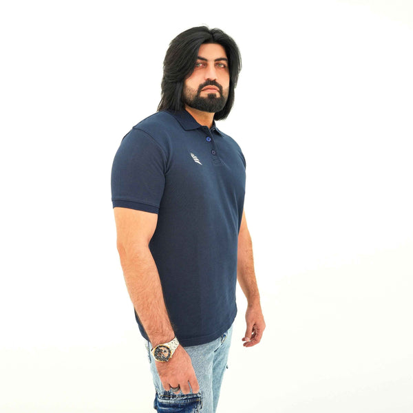 BSG Classic Elegant Navy Blue Polo shirt worn by man with beard and casual jeans