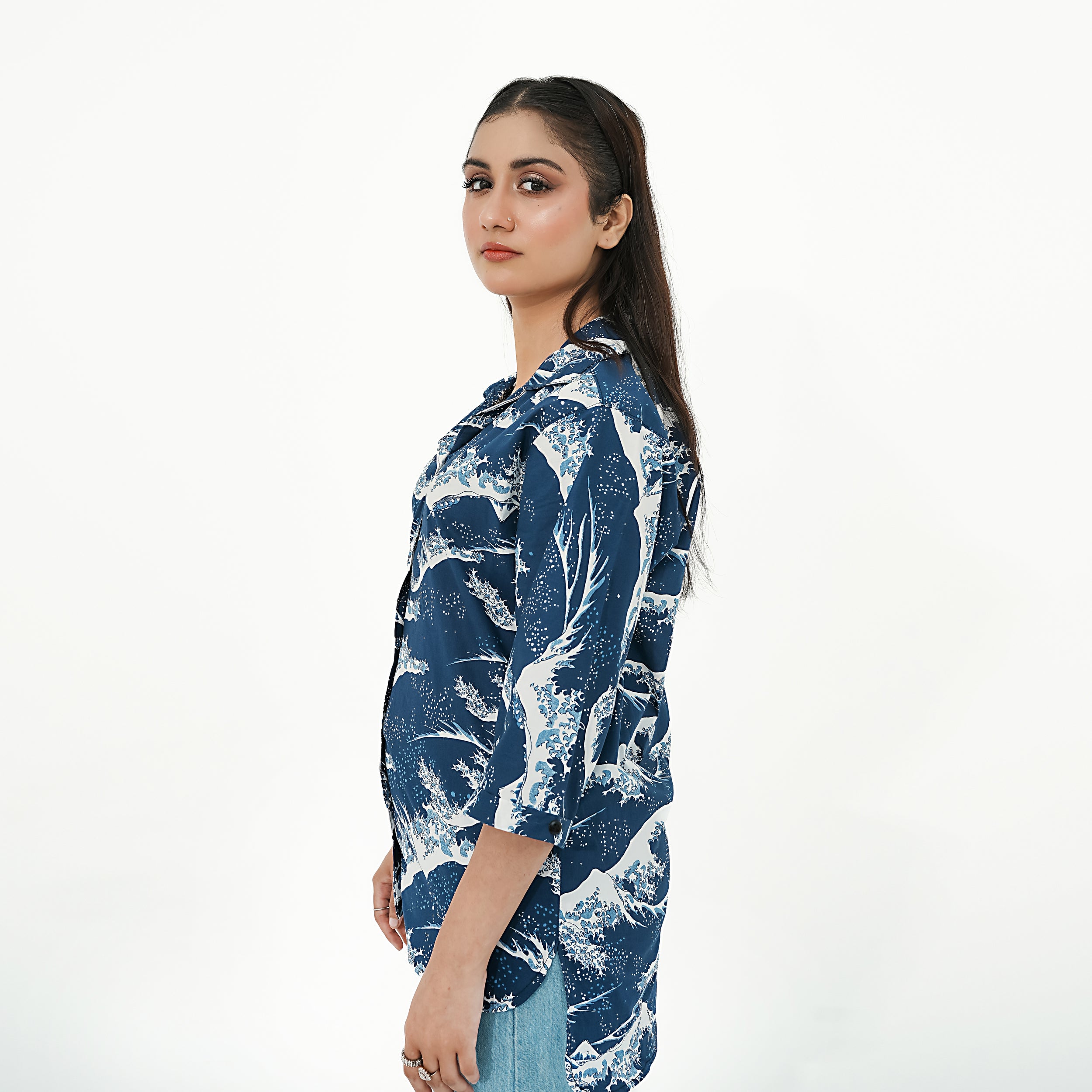 BSG Coastal Breeze Button-Up Shirt in navy with a stylish wave pattern for casual wear