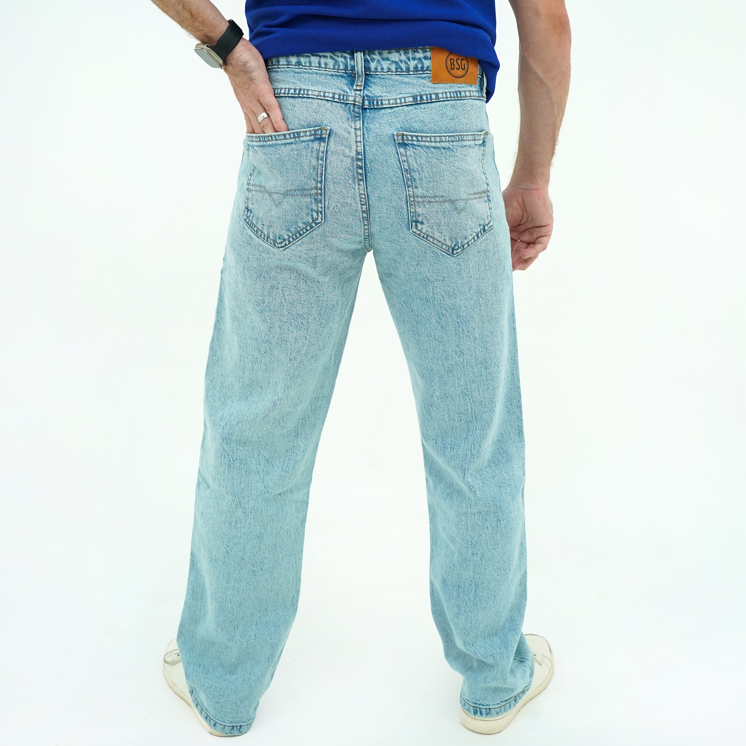 Men's BSG Cool Blue Wide Leg Vibes Jeans featuring a relaxed fit and light wash design.
