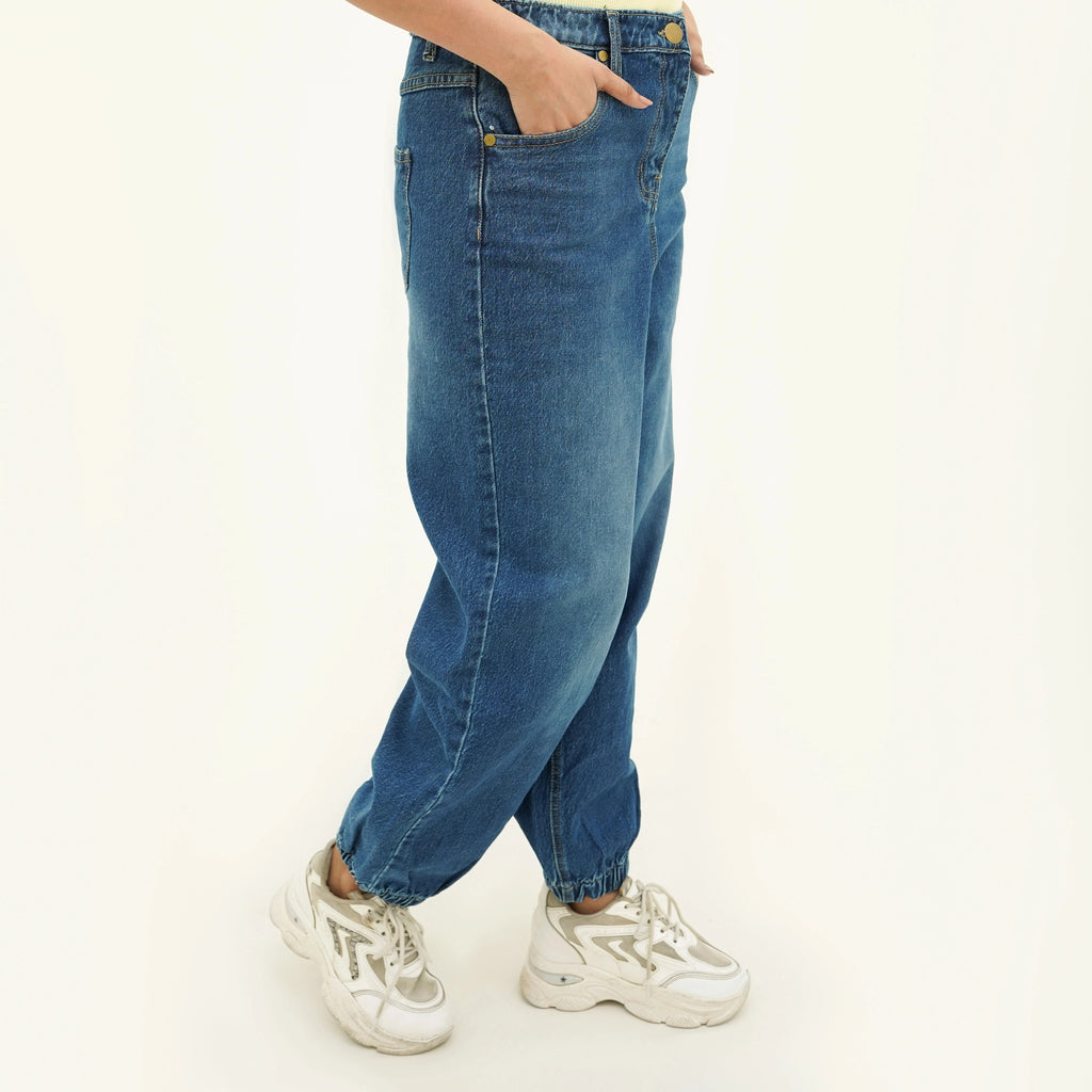 BSG Women's Denim Jeans in Cool Vibrant Relaxed Fit Blues with elastic cuffs and pockets