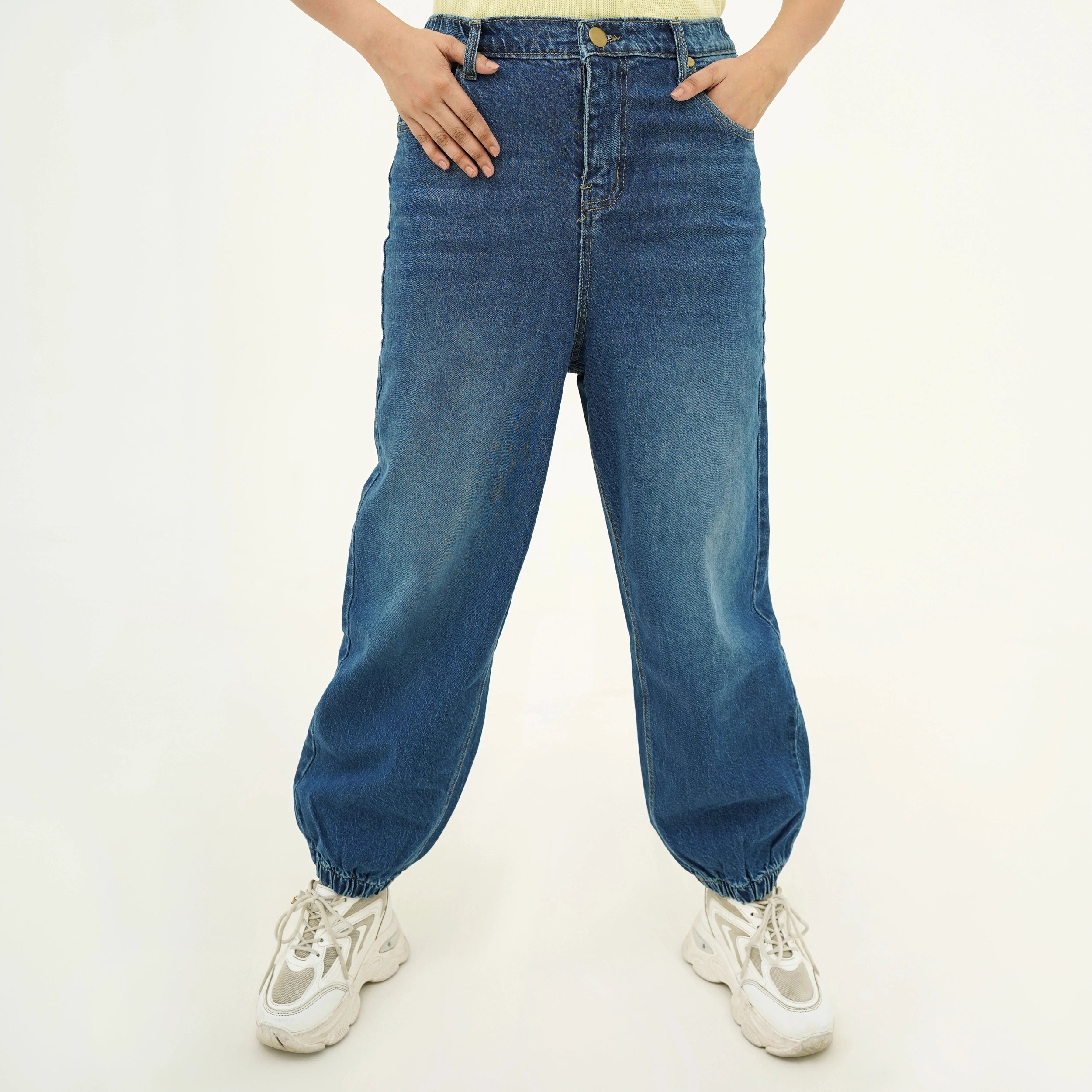 BSG Women's Denim Jeans in Cool Vibrant Relaxed Fit Blues with elastic cuffs for a trendy look