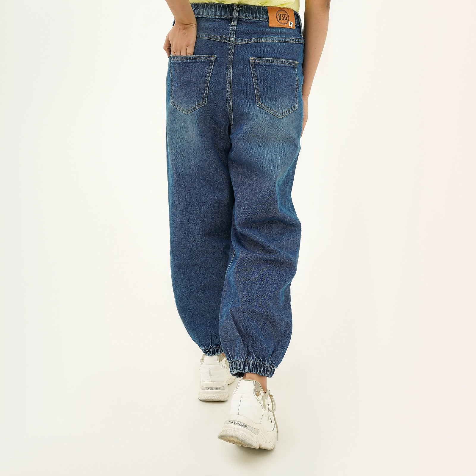 BSG Women's Denim Jeans in Cool Vibrant Relaxed Fit Blues with elastic cuffs and a casual style
