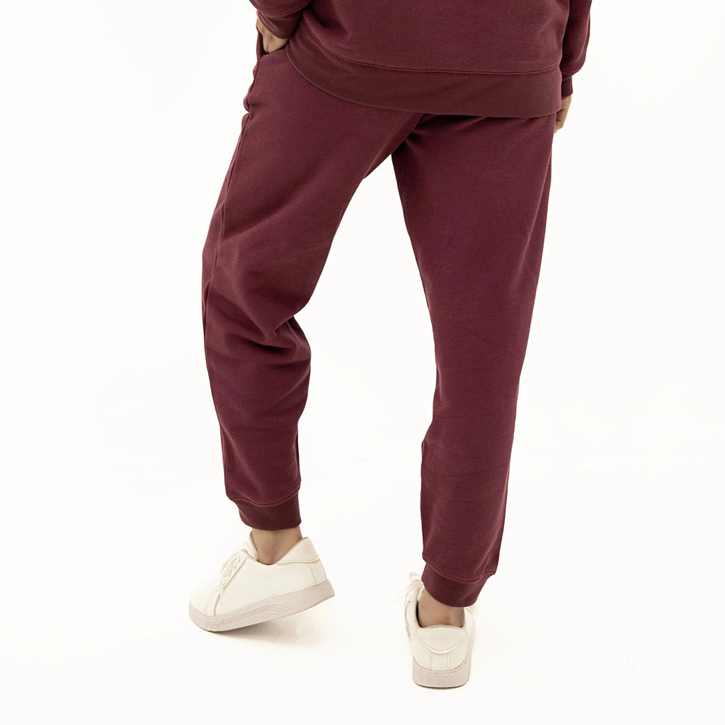 Cozy Soft Touch Maroon Sweatpants shown from the back with relaxed fit and stylish design