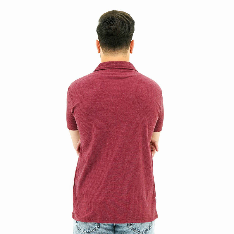 Back view of a man wearing a crimson red Crimson Coast Cuban Shirt by BSG with short sleeves