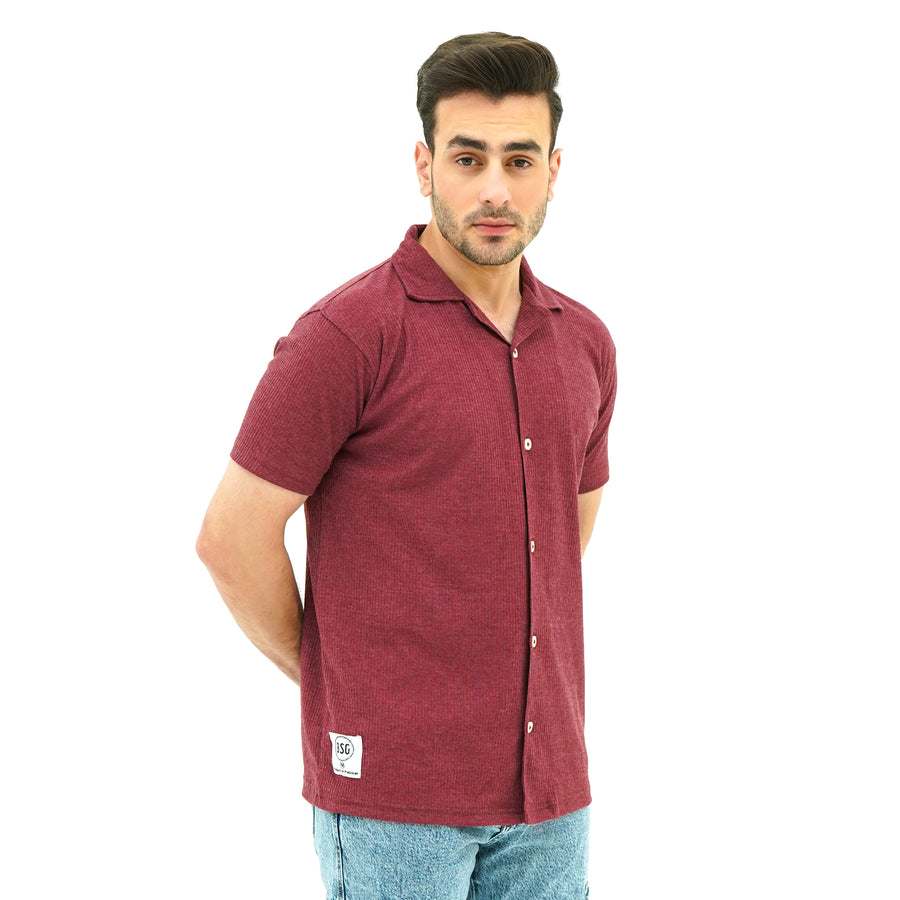 Men's Casual BSG Crimson Coast Cuban Shirt in Dark Red with Short Sleeves and Button Closure