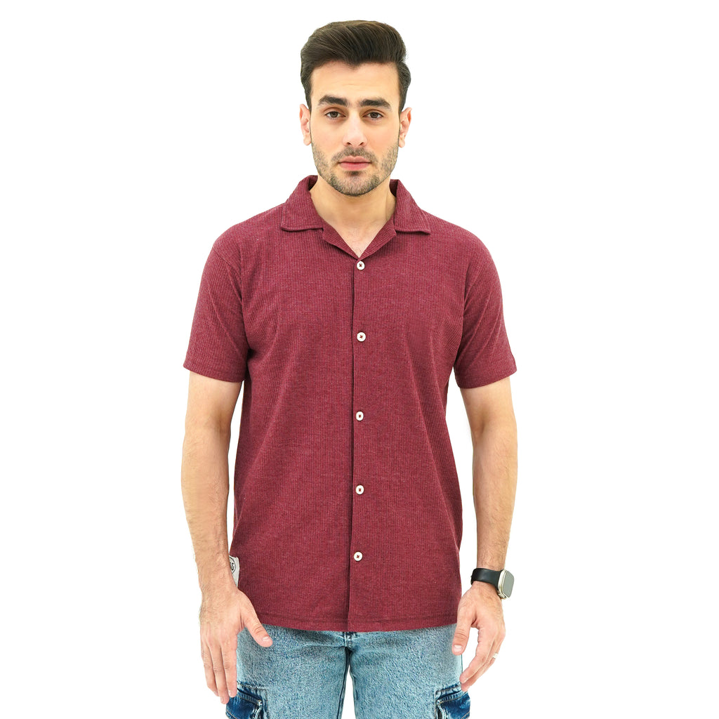 Men's BSG Crimson Coast Cuban Shirt in maroon with short sleeves and button closure