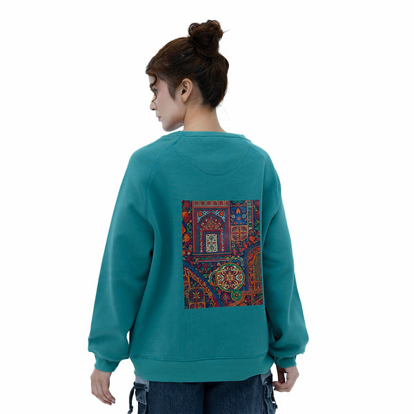 Back view of Culture Vibe Green Harmony Sweatshirt featuring colorful graphic design on soft fabric