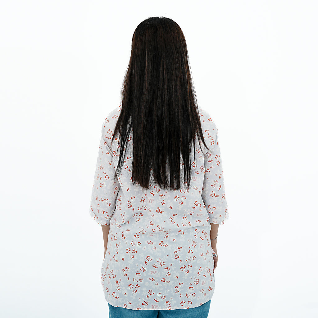 Back view of a Women's Casual Floral Print Relaxed Fit Collared Button-Up Shirt by BSG