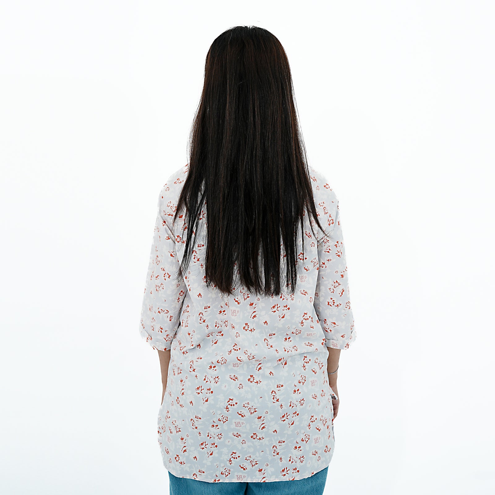 Back view of a Women's Casual Floral Print Relaxed Fit Collared Button-Up Shirt by BSG