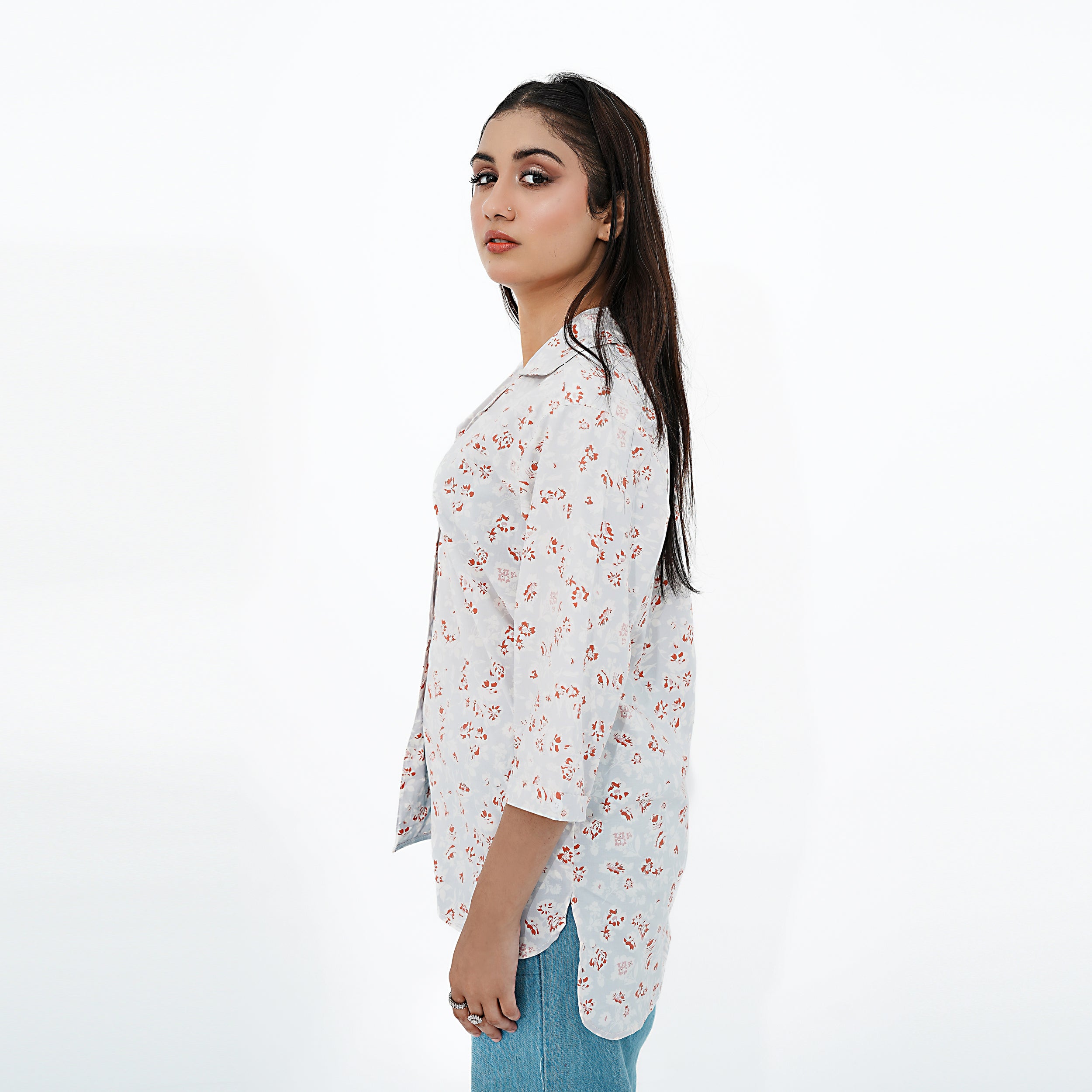 Women's Floral Print Relaxed Fit Collared Button-Up Shirt by BSG with a stylish design and loose fit