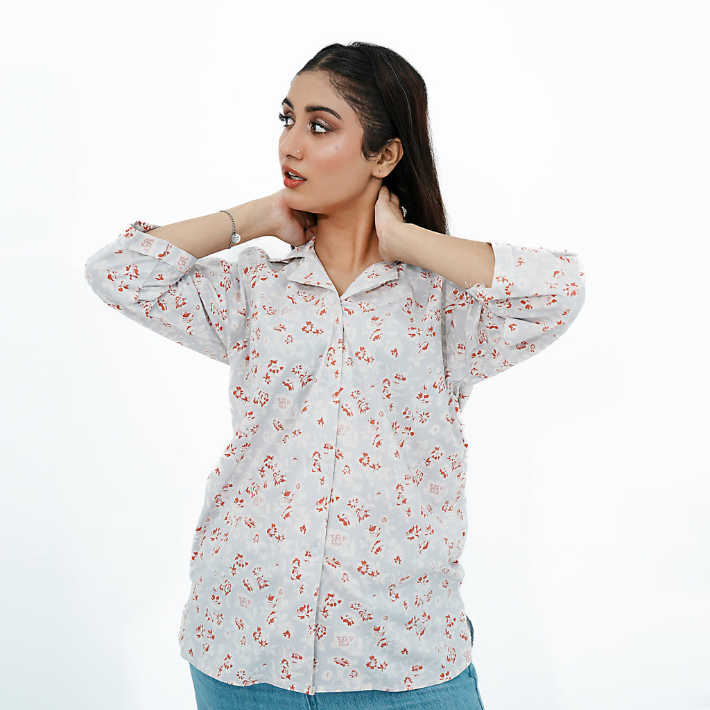 Floral Print Relaxed Fit Collared Button-Up Shirt styled casually with lightweight fabric and feminine print