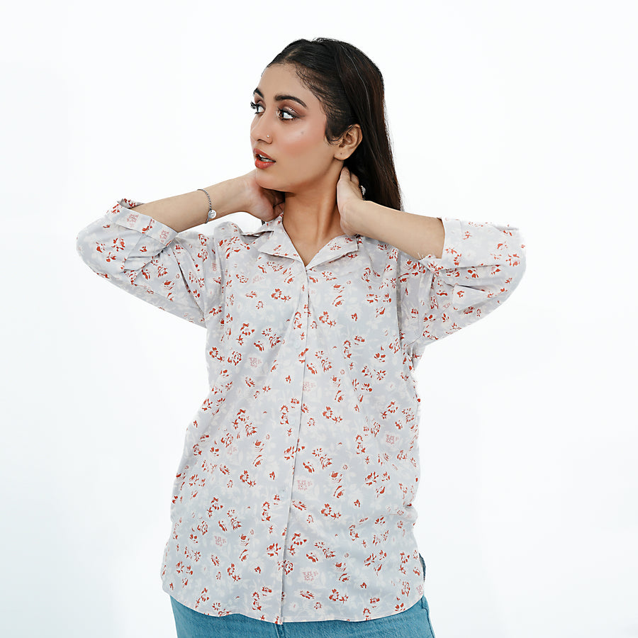 Floral Print Relaxed Fit Collared Button-Up Shirt styled casually with lightweight fabric and feminine print