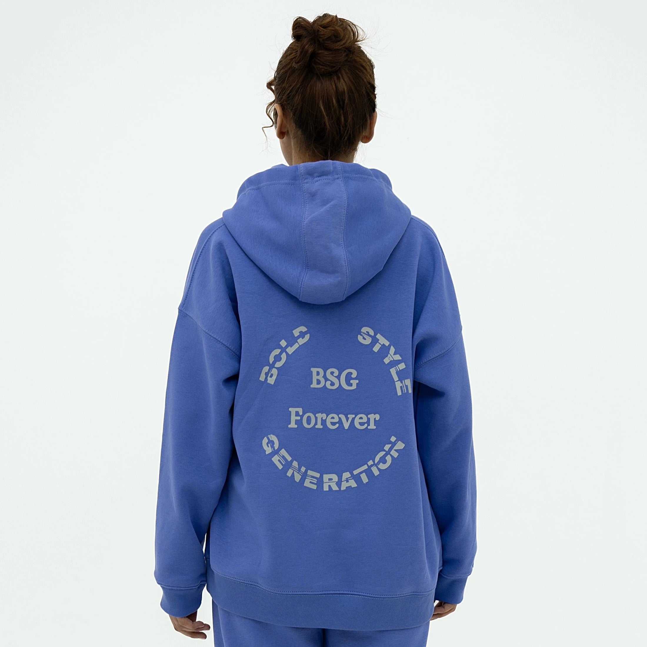 Model wearing Forever Vibe Signature Edition Purple Hoodie showcasing BSG style graphics on the back