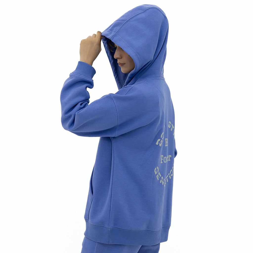 Model wearing Forever Vibe Signature Edition Purple Hoodie with a relaxed fit and large hood