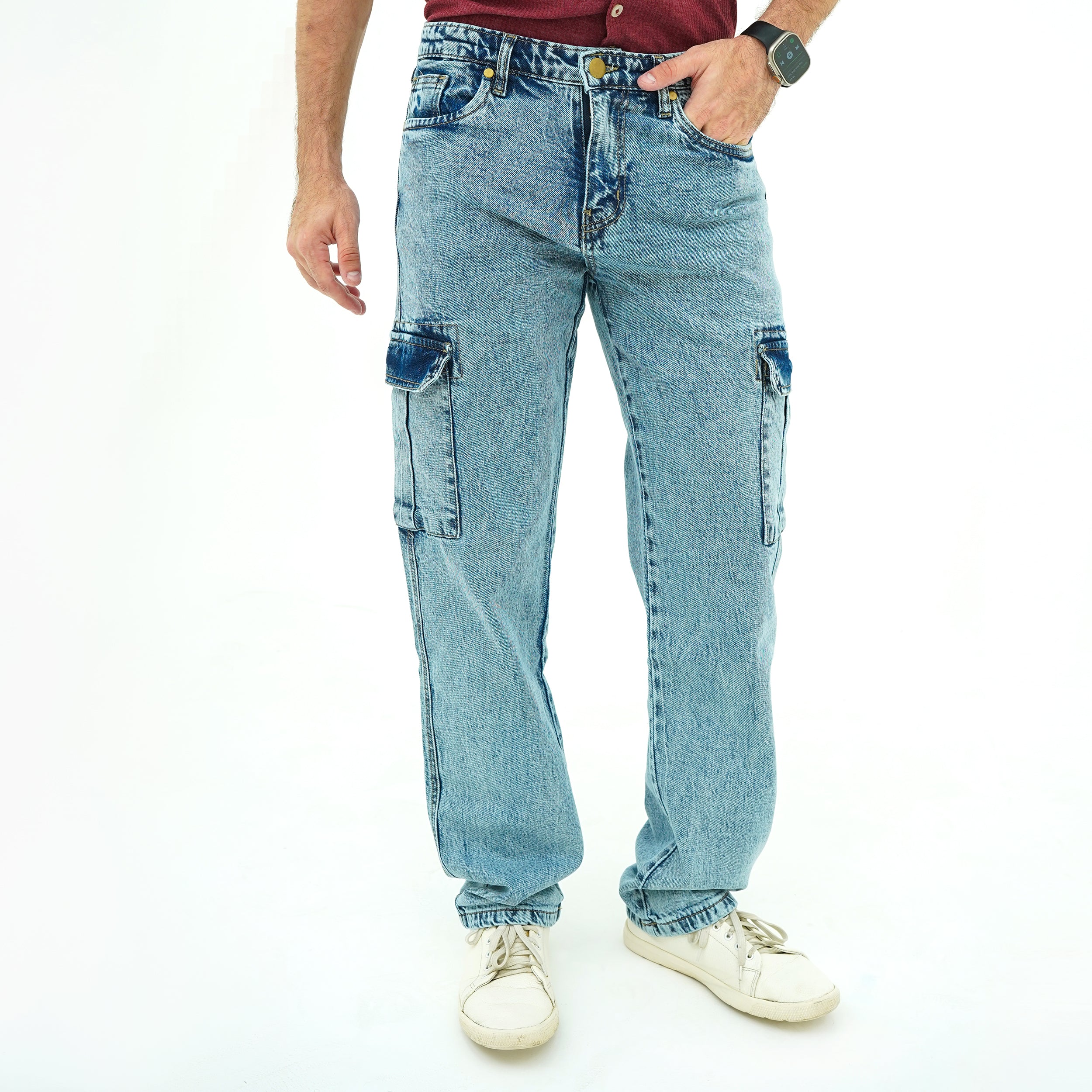 Men's Fresh Vibe Ice Blue Jeans with cargo pockets for a stylish casual look