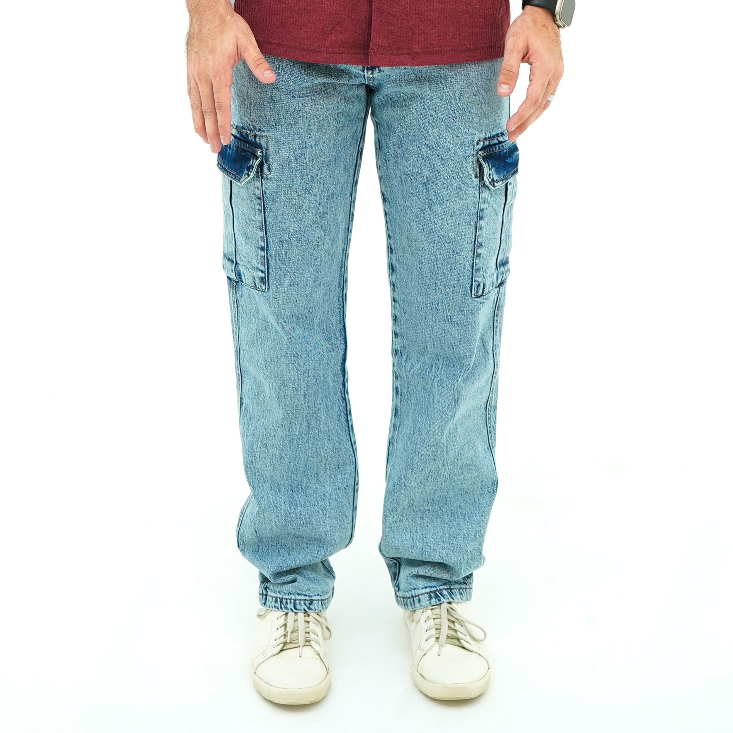 Men's Fresh Vibe Ice Blue Jeans featuring cargo pockets for a trendy look