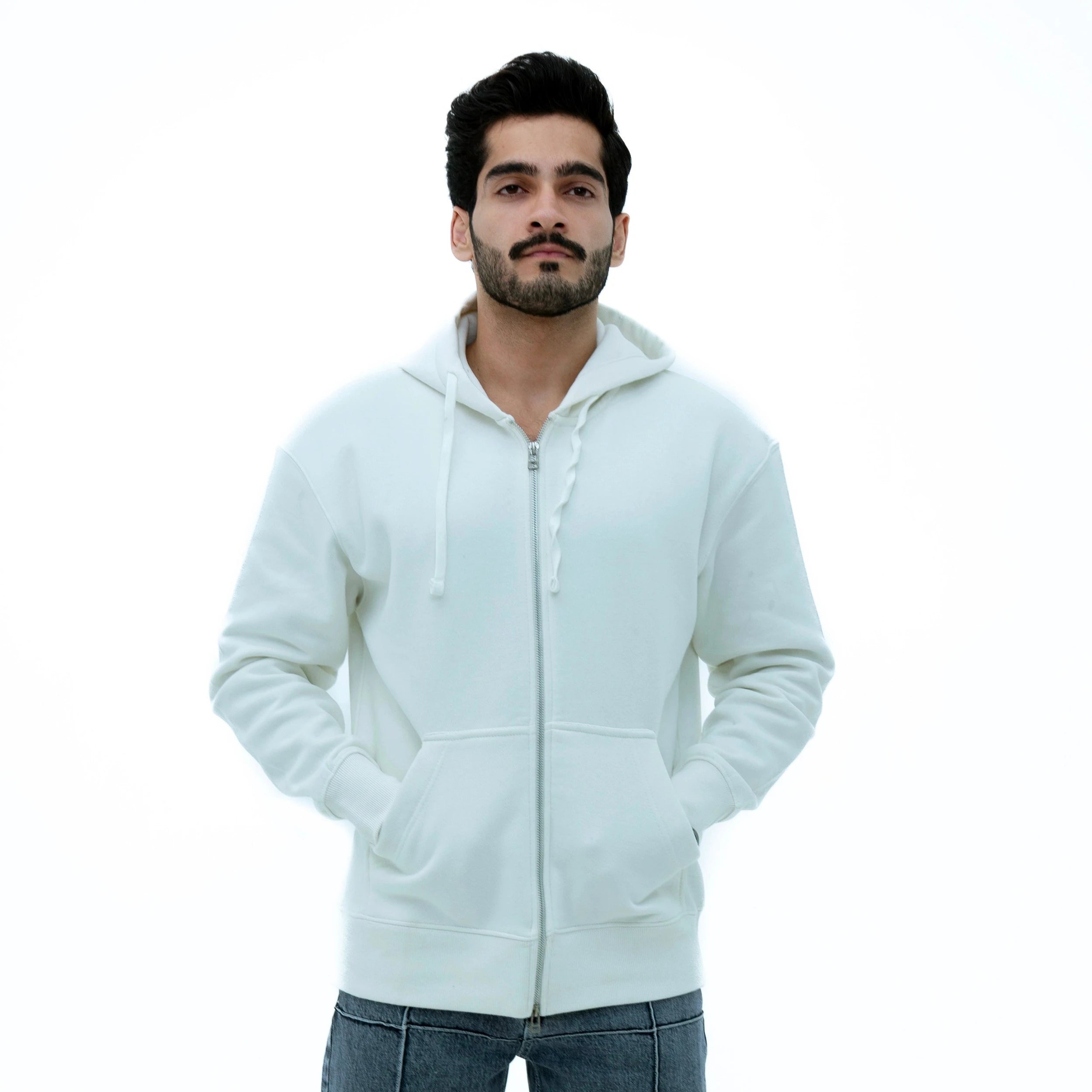Men wearing the Legacy Hour Glass Signature Zipper Hoodie in white with front pockets and a cozy fit