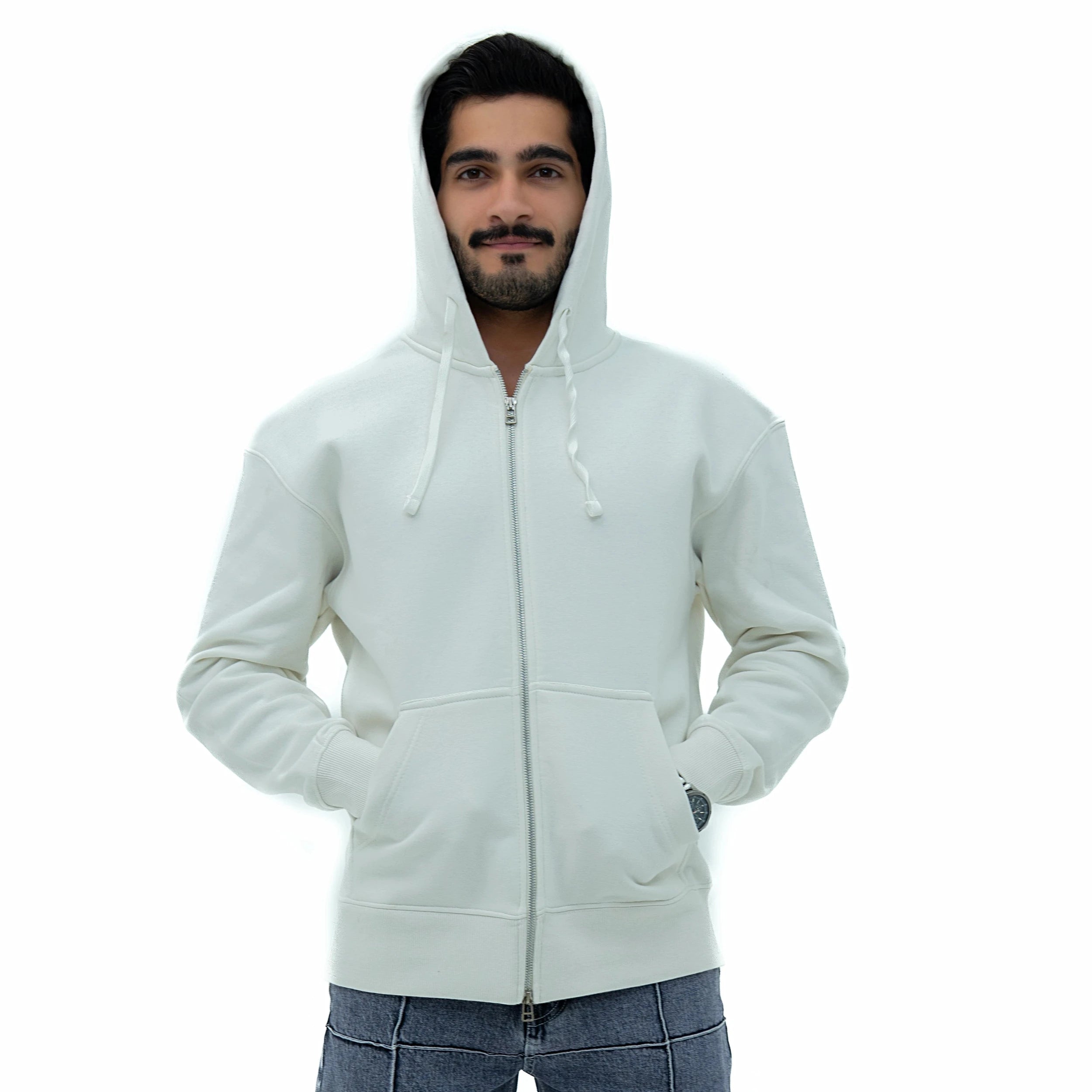 Men's Legacy Hour Glass Signature Zipper Hoodie in White with Front Pockets and Drawstring Hood