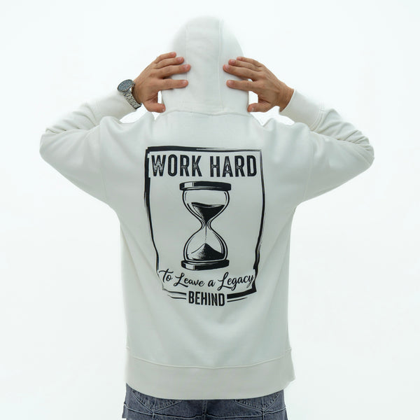 Men's Hoodies in White featuring Legacy Hour Glass Signature Zipper Hoodie design with motivational text
