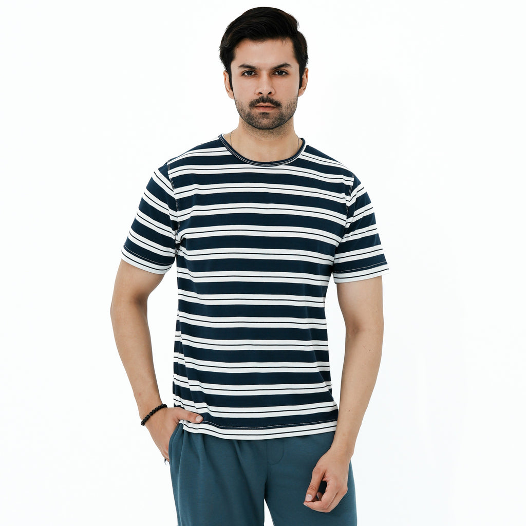 Men's BSG Luxury Stripe Ensemble Tee in navy and white striped design for casual wear