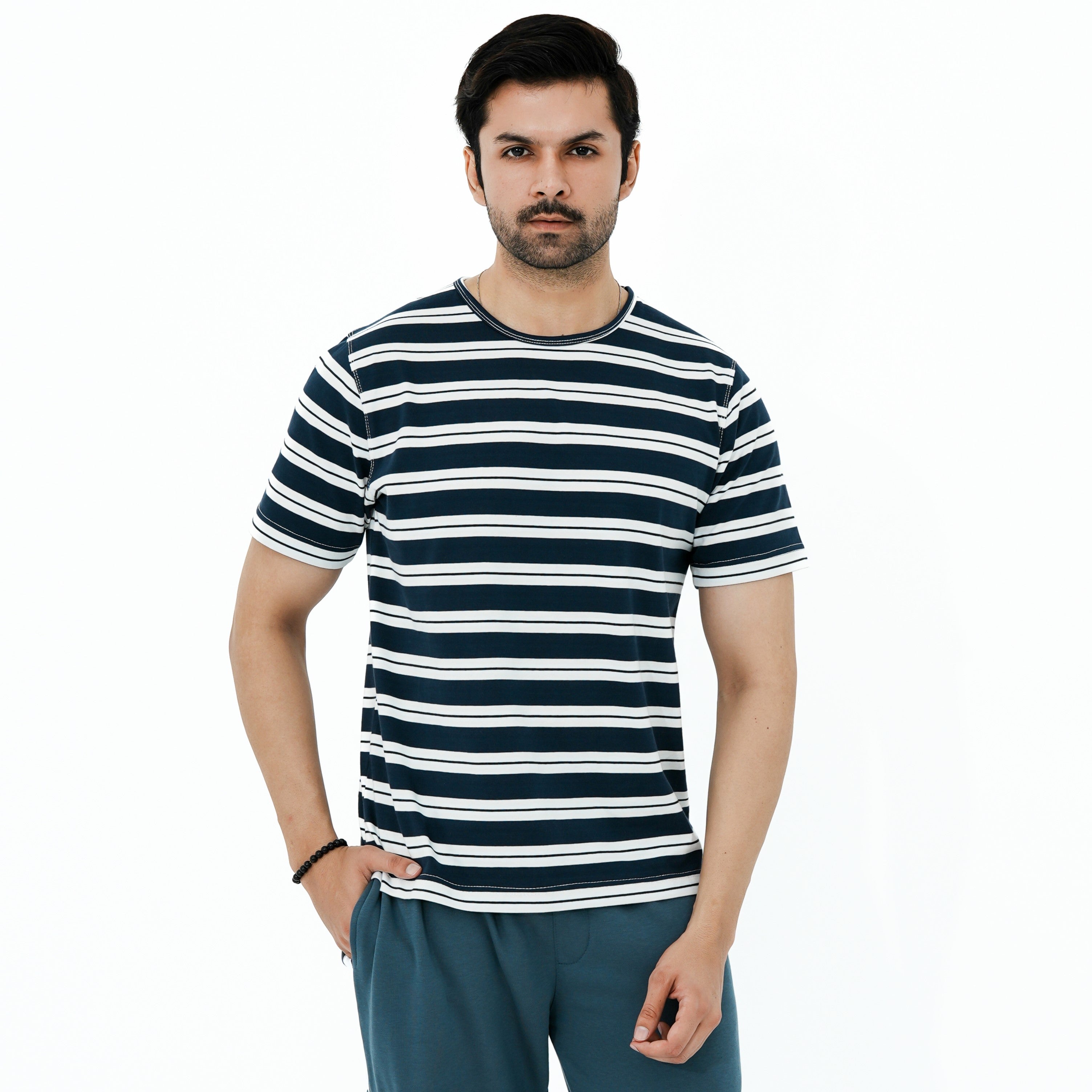 Men's BSG Luxury Stripe Ensemble Tee in navy and white striped design for casual wear