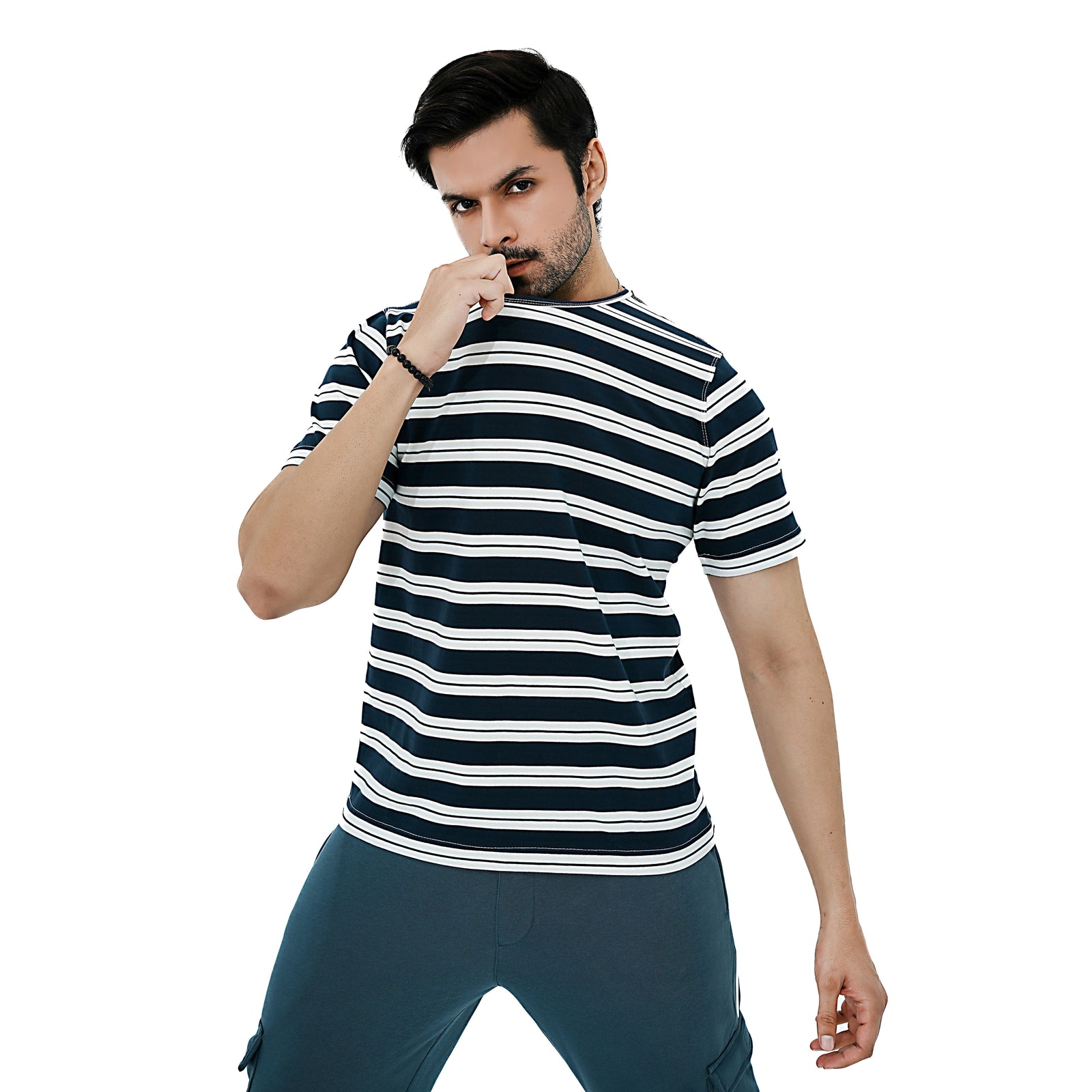 Men's BSG Luxury Stripe Ensemble Tee in Navy with Horizontal Stripes for Casual Wear