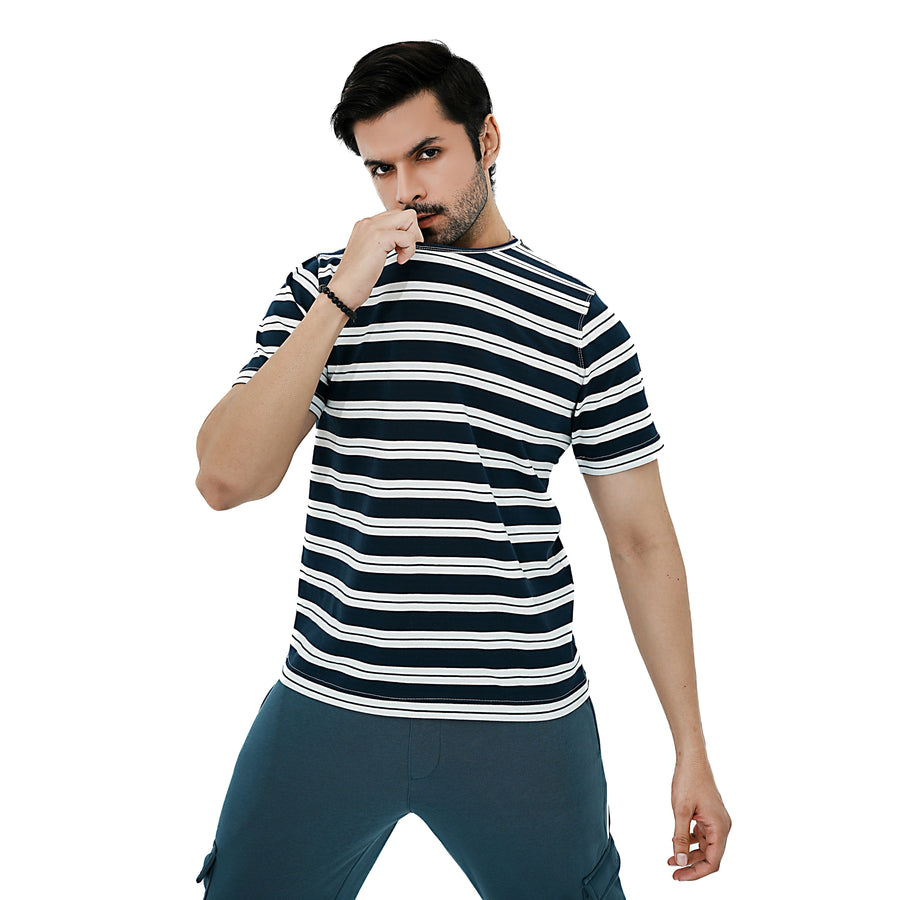 Men's BSG Luxury Stripe Ensemble Tee in Navy with Horizontal Stripes for Casual Wear