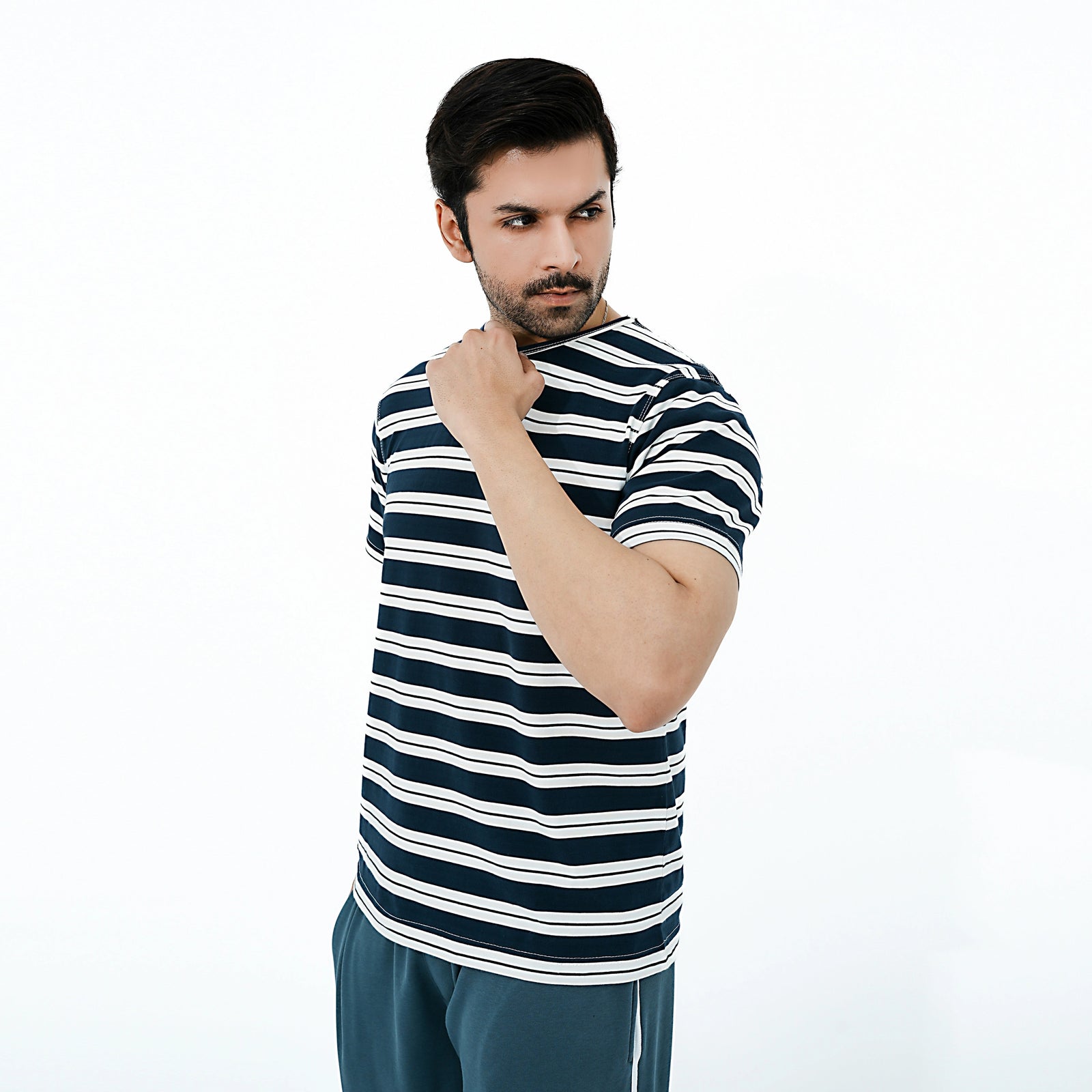 Men's BSG Luxury Stripe Ensemble Tee in navy and white stripes for casual comfort