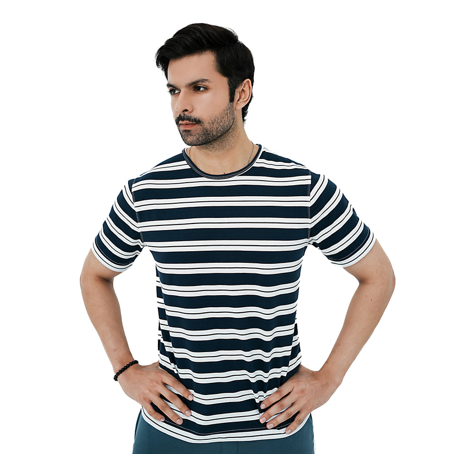 Men's Luxury Stripe Ensemble Tee in navy with classic striped design for a stylish look