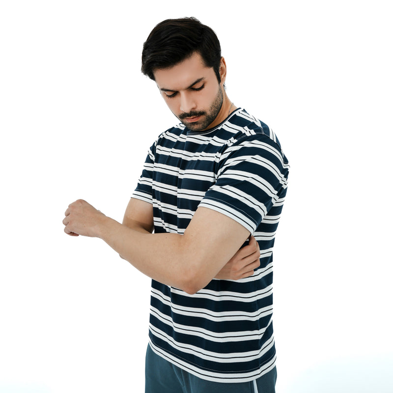 BSG Luxury Stripe Ensemble Tee for men in navy and white striped design, ideal for casual wear.
