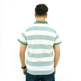 Back view of a man wearing BSG Mint Stride Striped Polo in mint green and white horizontal stripes