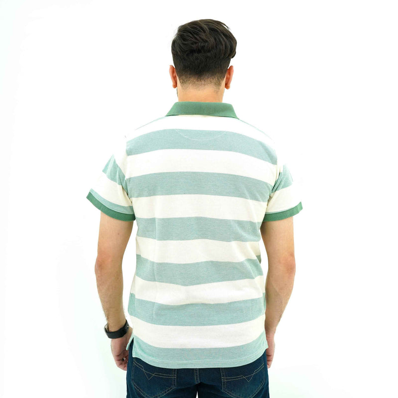 Back view of a man wearing BSG Mint Stride Striped Polo in mint green and white horizontal stripes
