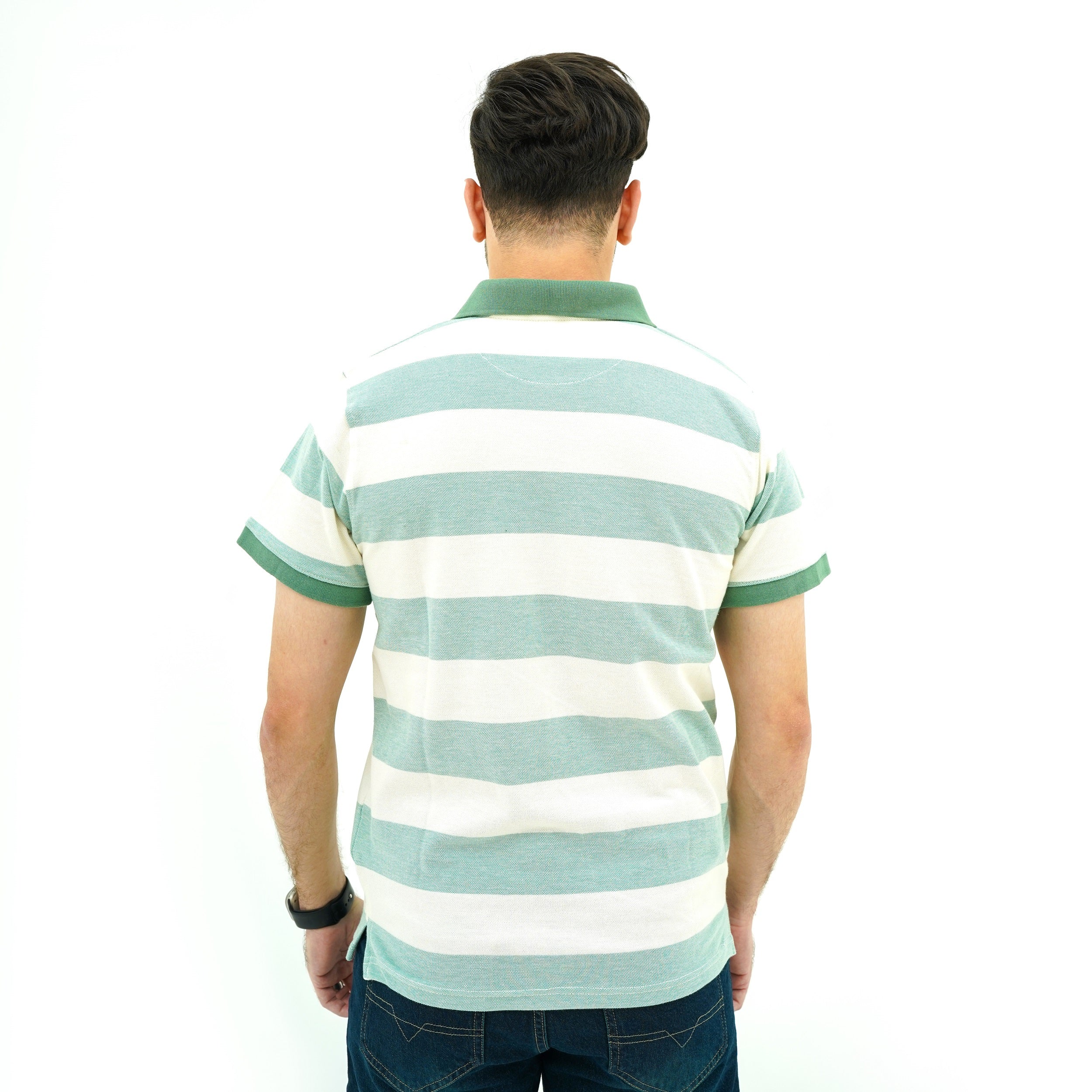 Men's Mint Stride Striped Polo by BSG with a classic fit and back view showing the striped design