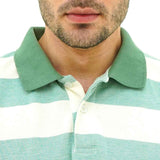 Close-up of BSG men's Mint Stride Striped Polo with green and white horizontal stripes and green collar