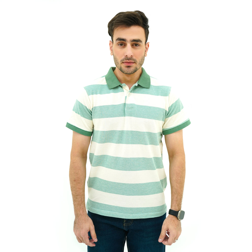 Men's Mint Stride Striped Polo Shirt by BSG, featuring green and white stripes and a classic collar