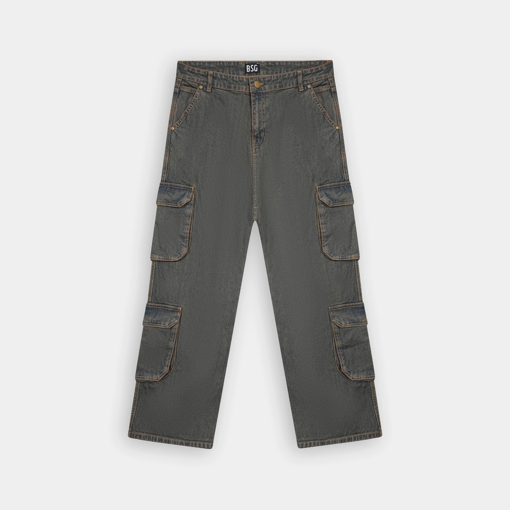 Stylish Multi Pocket Rusty Tint True Baggy Denim Cargo Jeans for a trendy look by BSG