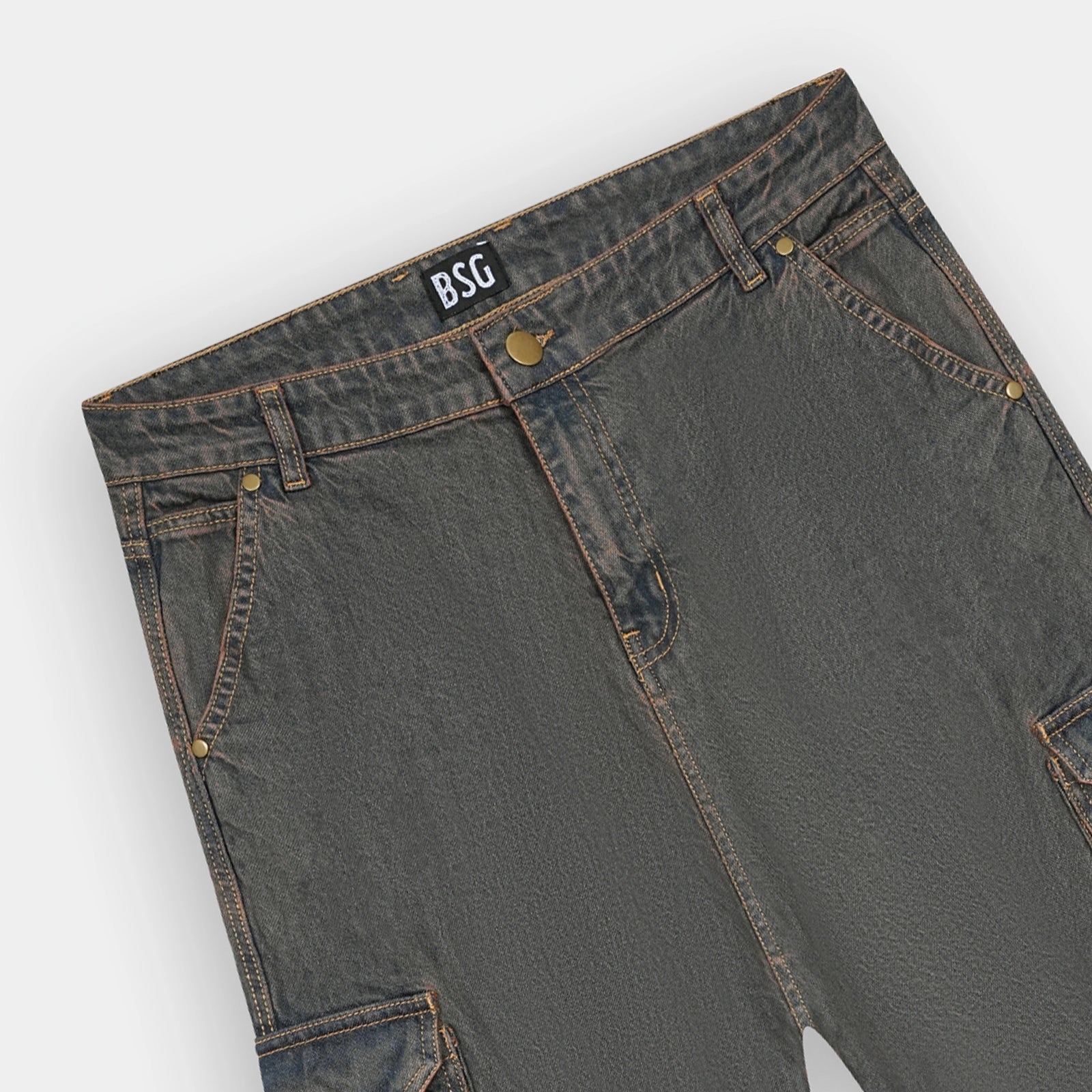 Multi Pocket Rusty Tint True Baggy Denim Cargo Jeans for effortless style and utility by BSG