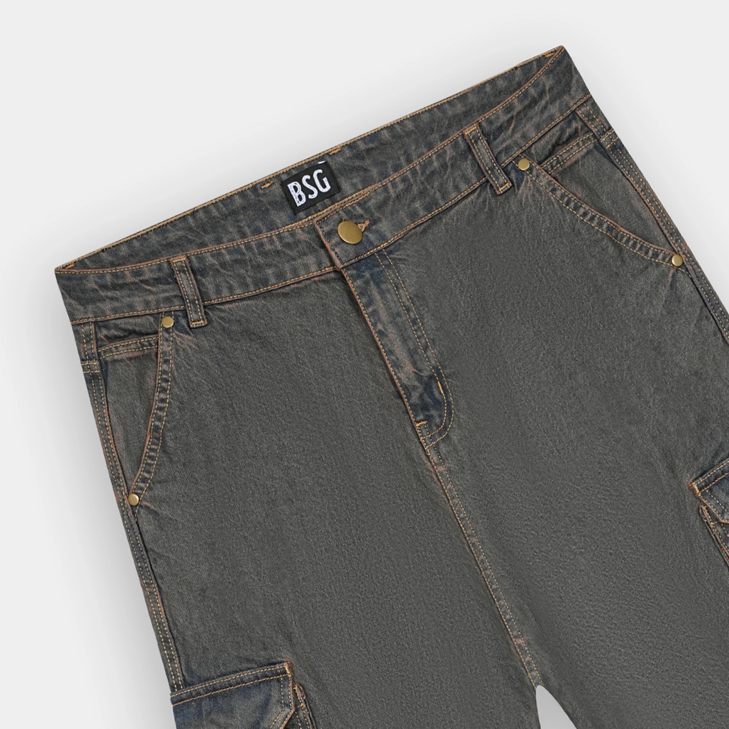 Multi Pocket Rusty Tint True Baggy Denim Cargo Jeans for effortless style and utility by BSG