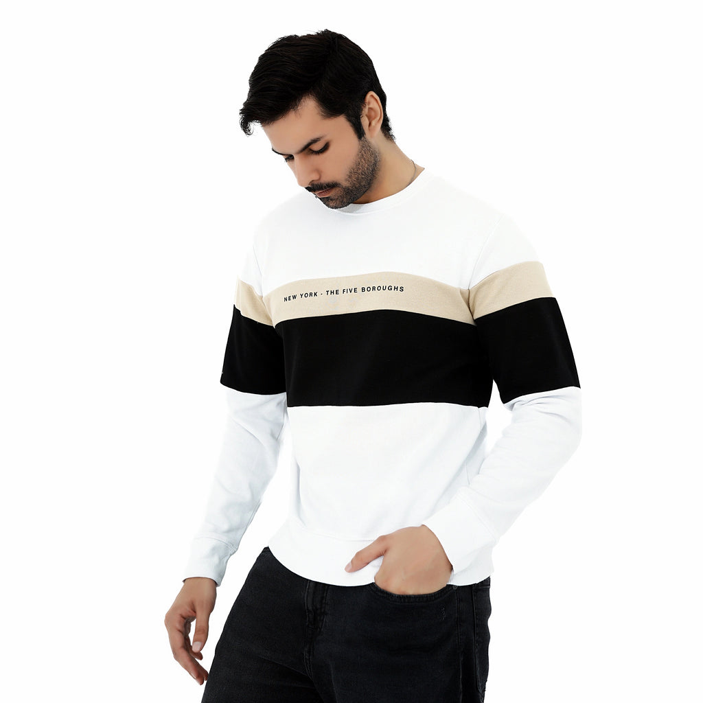 Men's New York Style Color Block Fleece Sweatshirt with Beige, Black, and White Design for Casual Wear