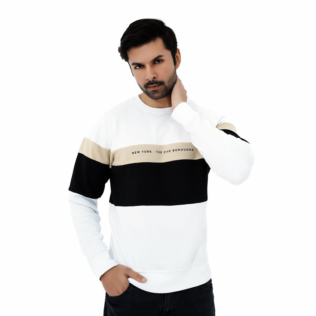 Men's New York Style Color Block Fleece Sweatshirt in black, white, and tan with stylish design.
