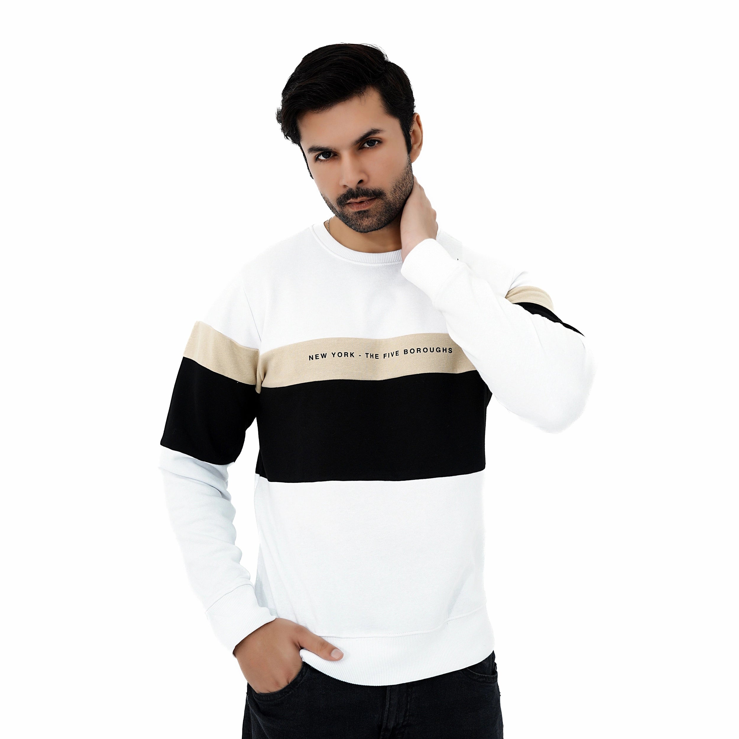 Men's New York Style Color Block Fleece Sweatshirt in black, white, and tan with stylish design.