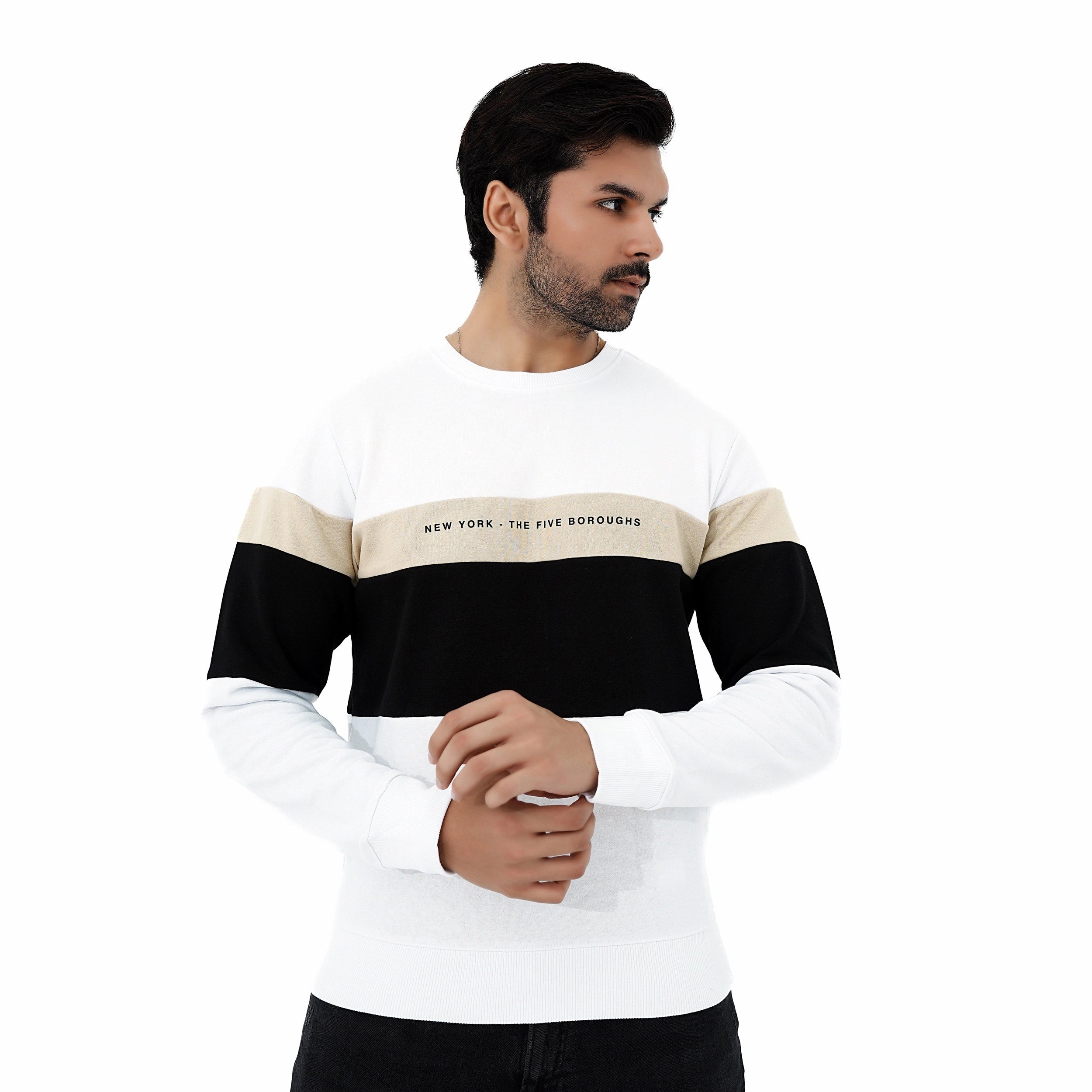 Men's New York Style Color Block Fleece Sweatshirt in Black, White, and Beige for a trendy look
