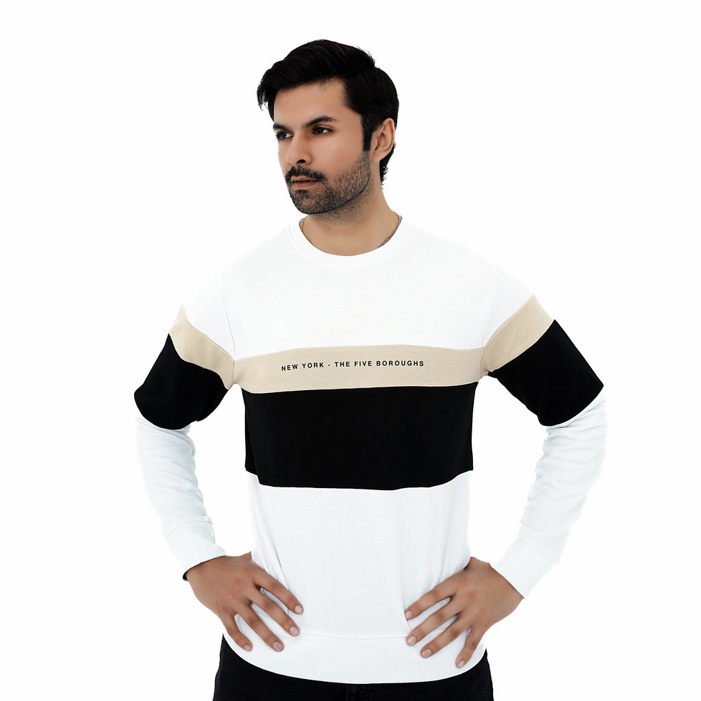Men's New York Style Color Block Fleece Sweatshirt in black, white, and beige for a stylish look
