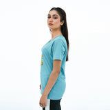 BSG Women's Positivity V-Neck Shirt in Light Blue with Relaxed Fit and Inspirational Design